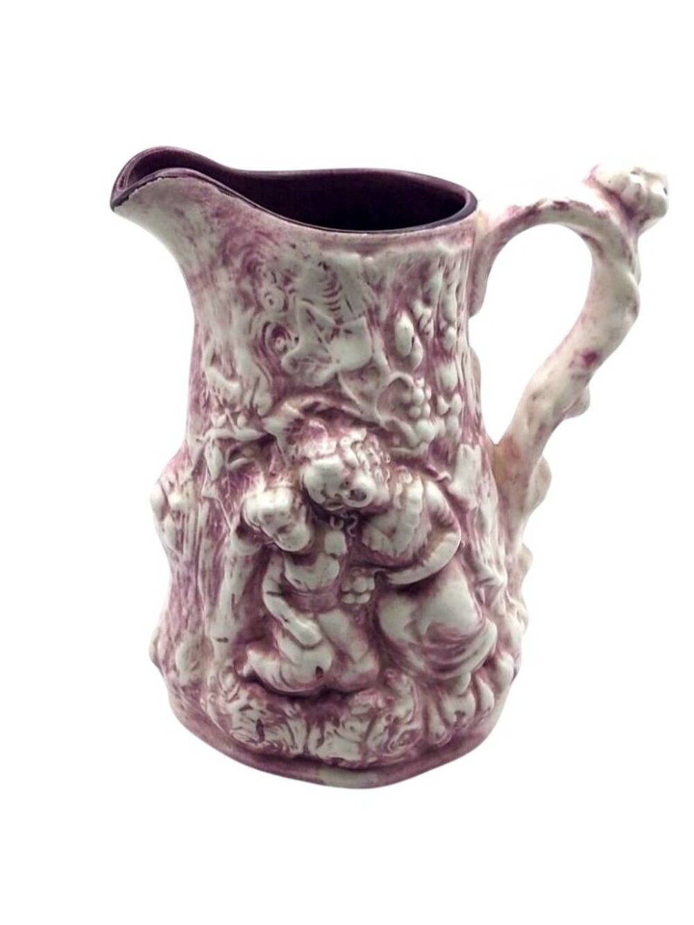 Cherubs Figural Pitcher Ceramic Glazed Two Tone Rose Pink 3D Relief Vintage